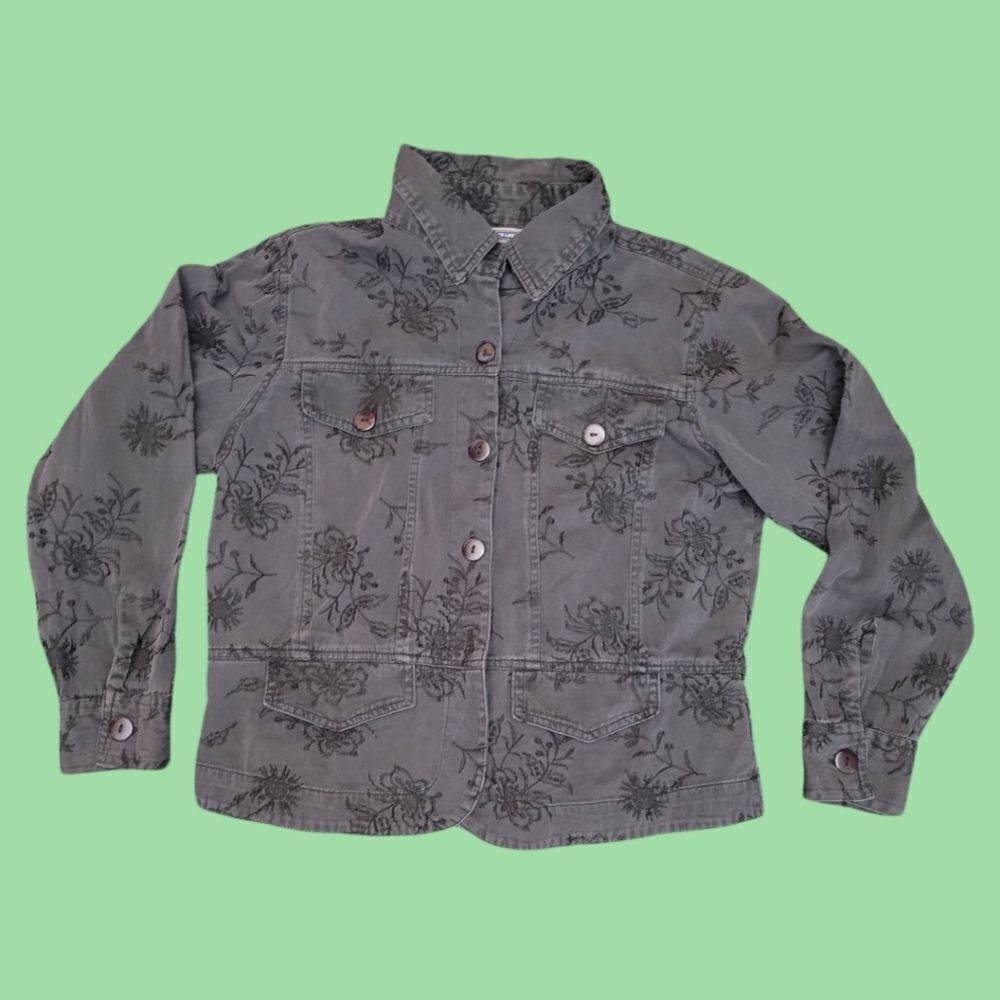 Shaver Lake Lightweight Denim Black Embroidered Floral Jacket Medium